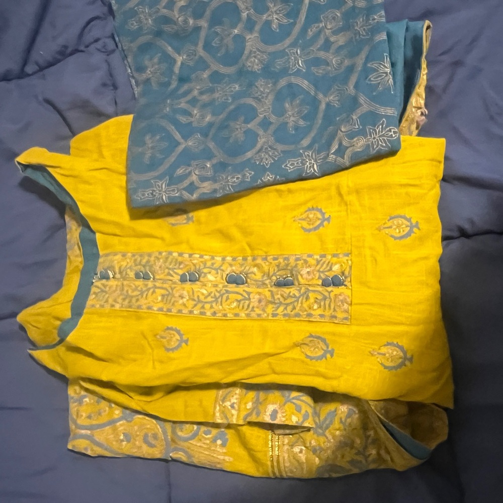 Women's Yellow Maxi Dress with Blue Embroidery